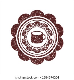 Red coffee cup icon inside rubber stamp with grunge texture