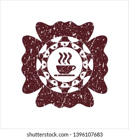 Red coffee cup icon inside rubber stamp with grunge texture