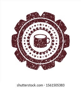 Red coffee cup icon inside distressed rubber grunge texture stamp