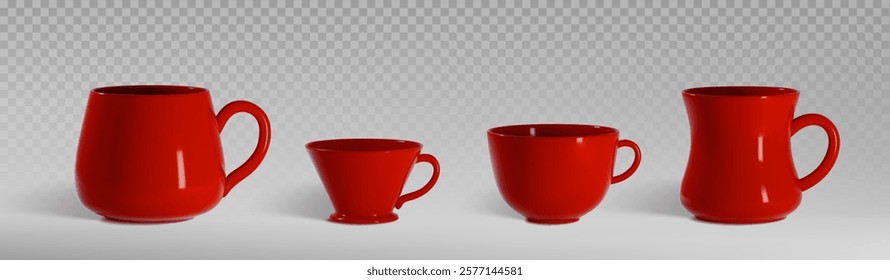 Red coffee cup mockup set of different shapes - wide rounded mug, conical teacup, traditional bowl shaped vessel and curved pitcher. Realistic ceramic drinkware for brand identity presentation.