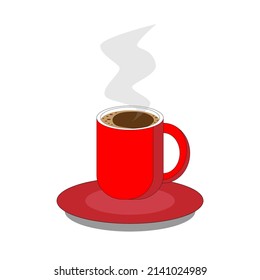 Red coffee cup with smoke isolated on white background. Using design for menu template for restaurant and cafe, cartoon food logo. Vector illustration.
