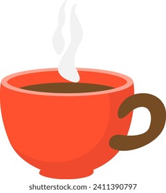 Red coffee cup with steam, flat design hot beverage. Morning coffee break, cozy drink concept vector illustration.