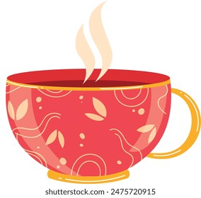 Red coffee cup steam hot drink morning beverage isolated white background. Vibrant red mug yellow handle, leaf pattern large hot tea coffee. Flat design style vector illustration coffee cup