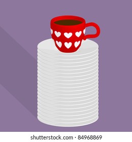 Red coffee cup with white hearts on lot of plates