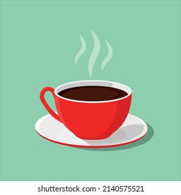 Red coffee cup and white plate, White vapor. Vector Illustration