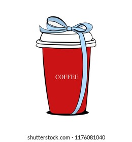 Red Coffee Cups with Blue ribbon Bow Isolated on White Background. New Year's mug of coffee, Fashion illustration. Coffee cup vector illustration isolated on background. Cup with hot coffee