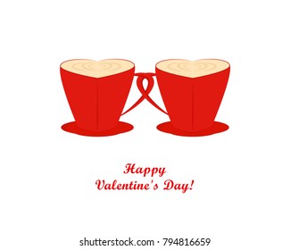 Red coffee cups hearts, Valentines day greeting card, greeting inscription - Happy Valentine's day