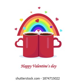 Red coffee cups for lovers. bright rainbow with colorful hearts. The symbol of the LGBT+. Vector illustration for valentine's day. Greeting card. Happy Valentine's Day Caption
