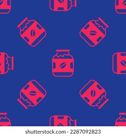 Red Coffee jar bottle icon isolated seamless pattern on blue background.  Vector