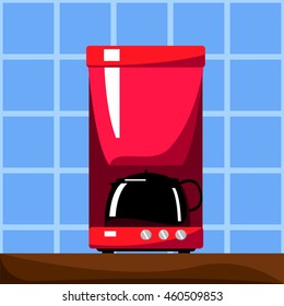 Red coffee machine with black pot. Vector illustration in flat style. Coffee boiler. Small house appliance. Kitchen machine. Breakfast hot drink cooking. Cartoon style square image for modern home