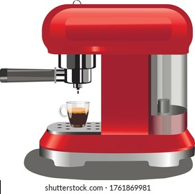 rote Kaffeemaschine mit einer Tasse dunklem Kaffeespresso