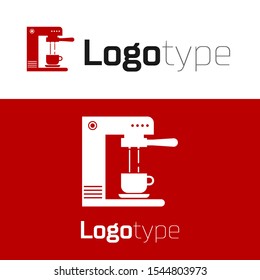 Red Coffee machine and coffee cup icon isolated on white background. Logo design template element. Vector Illustration