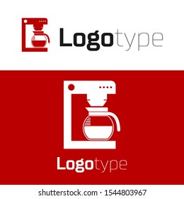 Red Coffee machine with glass pot icon isolated on white background. Logo design template element. Vector Illustration