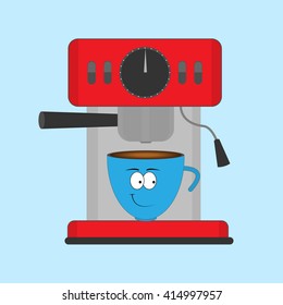 Red coffee maker  with blue cup  in a cartoon style on blue background. Vector illustration for icons, menus, design elements.