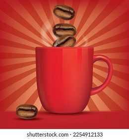 Red coffee mug with coffee beans