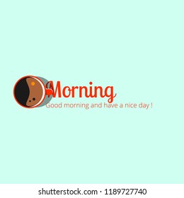 Red coffee mug with breakfast hot drink. Good morning poster with green background.