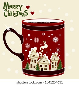 Red coffee mug with bubbles and a brown handle, painted with houses, Christmas trees and snowflakes with the words Merry Christmas, color vector illustration