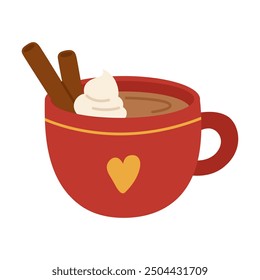 Red coffee mug with cinnamon stick and whipped cream. Warm cacao cup. Autumn and winter spice drink. Sweet tasty beverage. Vector illustration isolated on white background