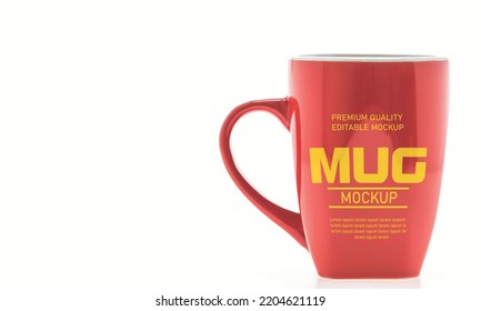 red coffee mug editable mockup on white background.