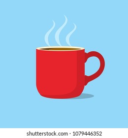 Red Coffee Mug, Tea Cup On Blue Background. Vector Illustration