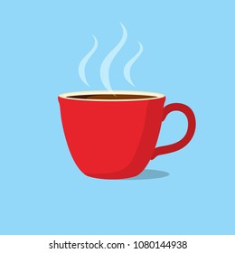 Red coffee mug, tea cup on blue background. Vector illustration