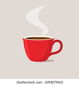 Red coffee mug, tea cup with steam. Vector illustration