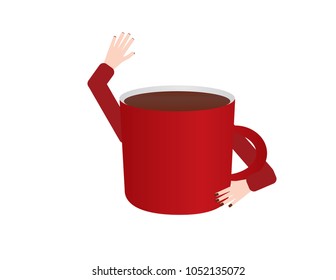 Red coffee mug waving hello
