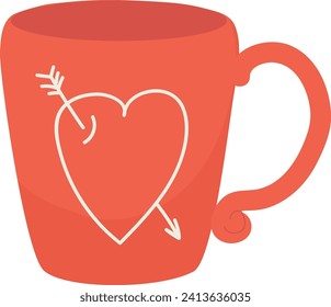 Red coffee mug with white heart arrow doodle. Love themed beverage container. Valentine s Day drinkware vector illustration.