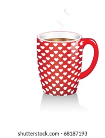 A red coffee mug with white hearts. Reflected on white background. EPS10 vector format.