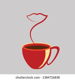 Red coffee mugs for ladies, hot coffee with steam floating up, forming a lip shape.