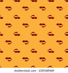 Red Coffee pot with cup icon isolated seamless pattern on brown background. Flat design. Vector Illustration
