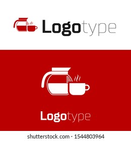 Red Coffee pot with cup icon isolated on white background. Logo design template element. Vector Illustration