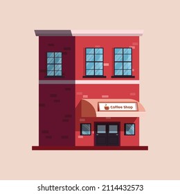 Red Coffee shop. Flat vector illustration stock. Showcases stores on the street.