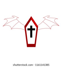 Red Coffin with White Wings for your Design, Game, Card. Black Cross. Halloween Elements.Vector Illustration.