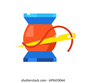 Red coil with thread and gold needle. Concept Flat Vector Illustration