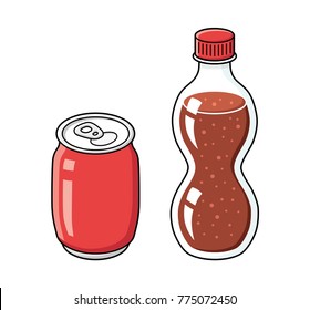 Red cola or soda soft drink can and bottle isolated