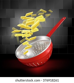 Red colander on a dark background ceramic tiles and flying pasta. Vector illustration.