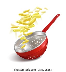 Red colander  on a white background and flying pasta. Vector illustration.