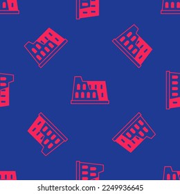 Red Coliseum in Rome, Italy icon isolated seamless pattern on blue background. Colosseum sign. Symbol of Ancient Rome, gladiator fights.  Vector
