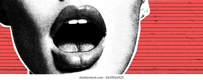 A red collage featuring an open mouth in halftone style, blending pop punk art and music elements into a bold, retro-inspired poster design.
