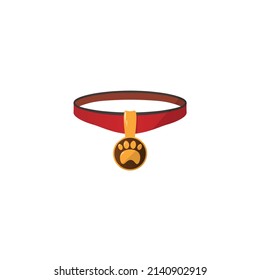 Red collar with medal for cats and dogs. Cartoon pets necklace and golden tag. Isolated kittens or puppies accessory. Metal badge with animal footprint. Vector canine belt template