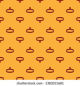 Red Collar with name tag icon isolated seamless pattern on brown background. Simple supplies for domestic animal. Cat and dog care. Pet chains. Vector Illustration