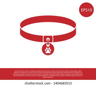 Red Collar with name tag icon isolated on white background. Supplies for domestic animal. Dog or cat paw print. Cat and dog care. Pet chains. Vector Illustration