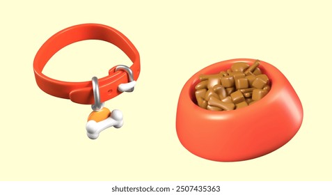 Red collar with pendant bone, wet food bowl. Set of vector realistic images in cute style