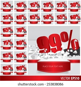 Red collection discount  5  10 15 20 25 30 35 40 45 50 55 60 65 70 75 80 85 90 95 99  percent  on vector cracked ground on white background