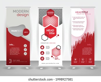 Red color 3 sets of Abstract Shapes Modern Exhibition Advertising Trend Business Roll Up Banner Stand Poster Brochure flat design template creative concept. Presentation. 