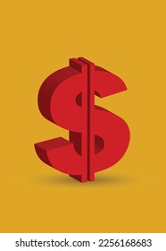 Red color 3d dollar sign isolated on yellow background. Vector illustration