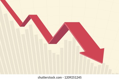 Red Color 3d Downtrend Line Arrows Go Down With Bar Chart In Flat Icon Design On Yellow Color Background