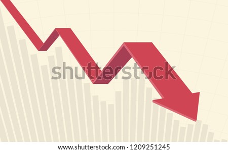 red color 3d Downtrend line arrows go down with bar chart in flat icon design on yellow color background