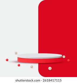 Red color abstract 3D cylinder product mockup design vector. Realistic 3D promotional product sale podium design template. Product advertisement poster design. Empty podium vector. 